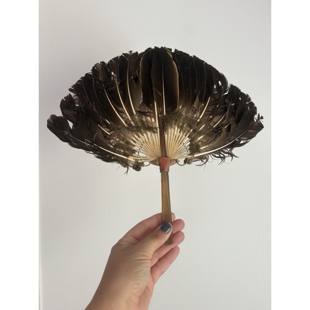 Vintage Antique Fixed Feather Concave Hand Fan with Hand-carved Bone Handle